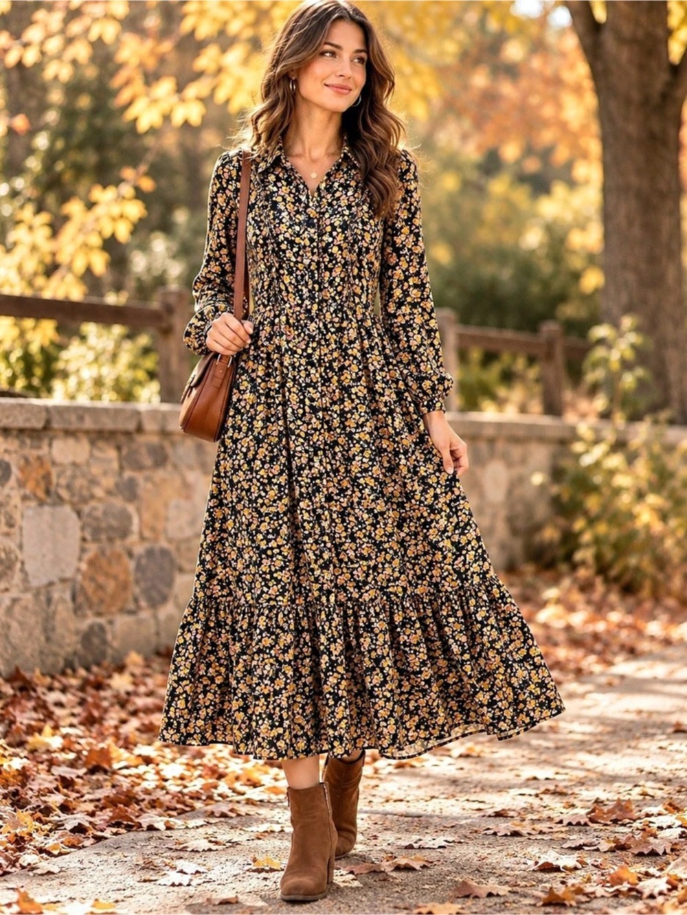 Downeast Black Floral Ruffle Long Sleeve Maxi Dress